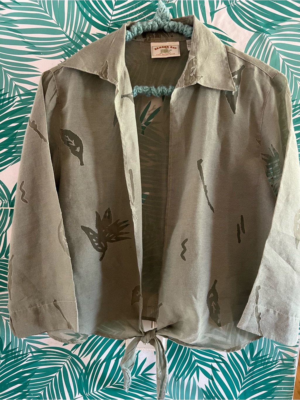 Banana Bay Resort Fine Wear Light Olive Green Leaf Cutouts Tie-Front Jacket Szm